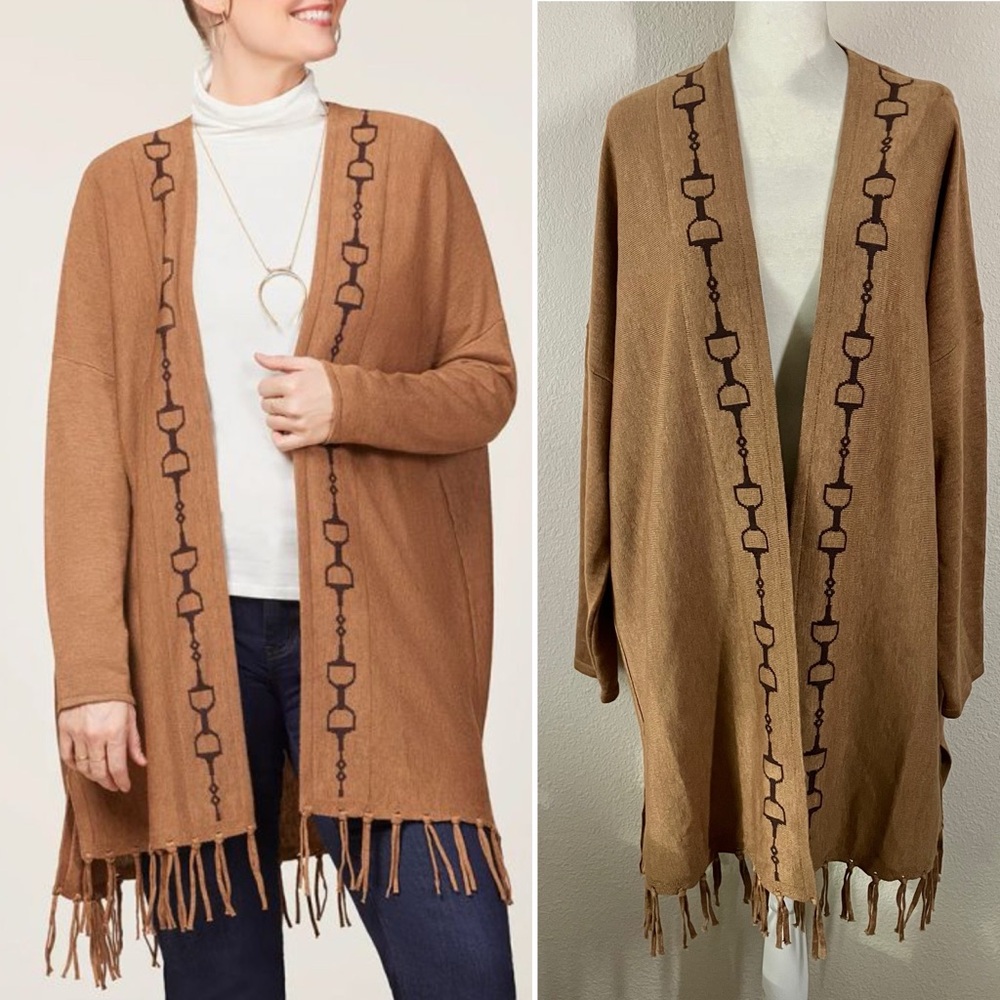 KERRITS Horse Bits and Fringe Open Cardigan L XL Longline Wool Blend Equestrian